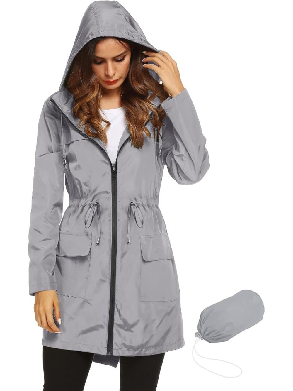 Women Grey Solid Packable Hooded Active Drawstring Waterproof Trench Rain Coat
